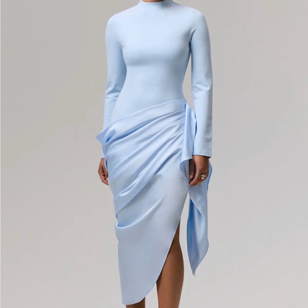 Club L London Pale Blue Long Sleeve Draped Midi Dress